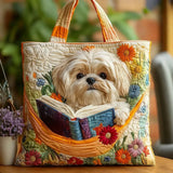 Handgefertigte Stepptasche – Shih Tzu mit Büchern und Blüten