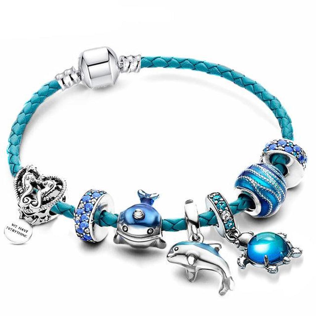 Armband „Ozean“ mit Anhängern aus Leder und Weißgold