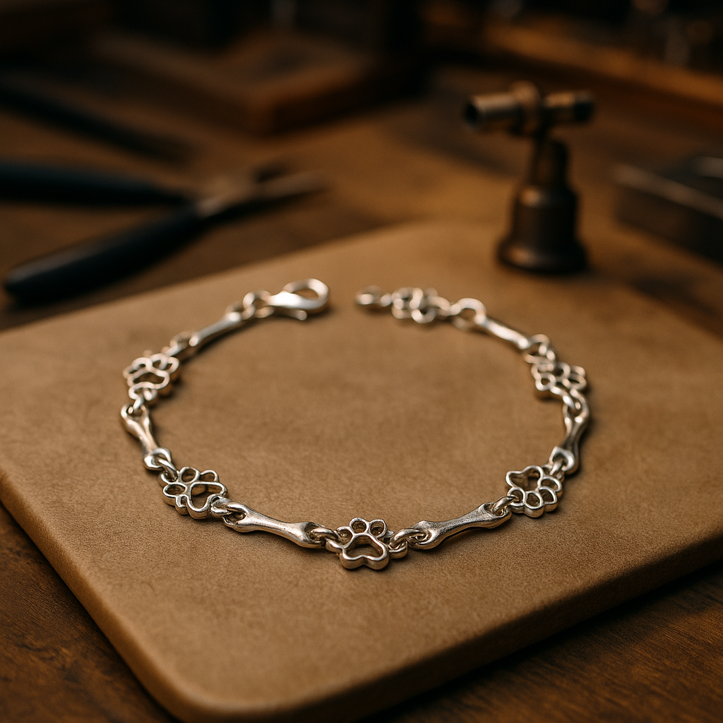 Armband mit Hundepfoten- und Knochen-Anhängern in Weißgold