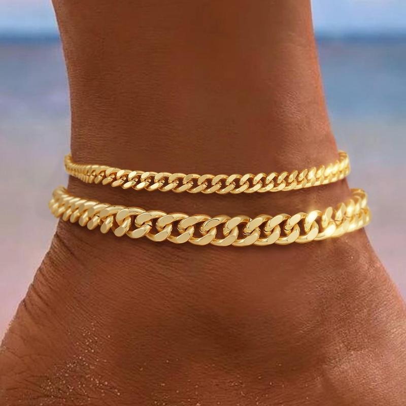 Mehrlagiges Fußkettchen mit kubanischen Gliedern in Gold