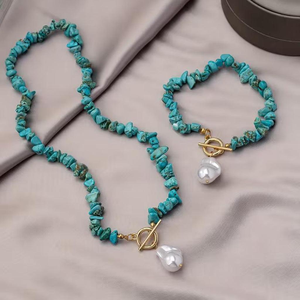 Elegantes Schmuckset mit Natursteinen und Perlen – Ansicht 2