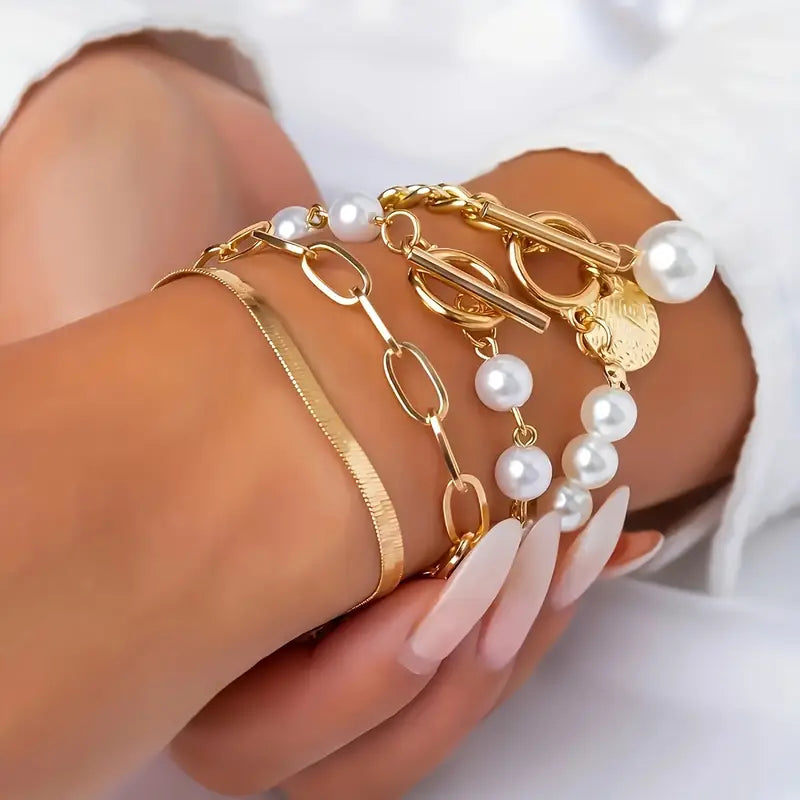Armband-Set mit Schlange, Perlen und Gliedern in Gold, Ansicht 3