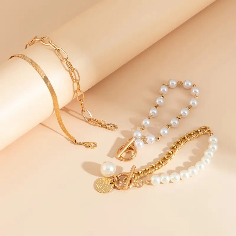 Armband-Set mit Schlange, Perlen und Gliedern in Gold, Ansicht 5