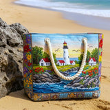 Handgefertigte Strandtasche – Leuchtturm im Licht