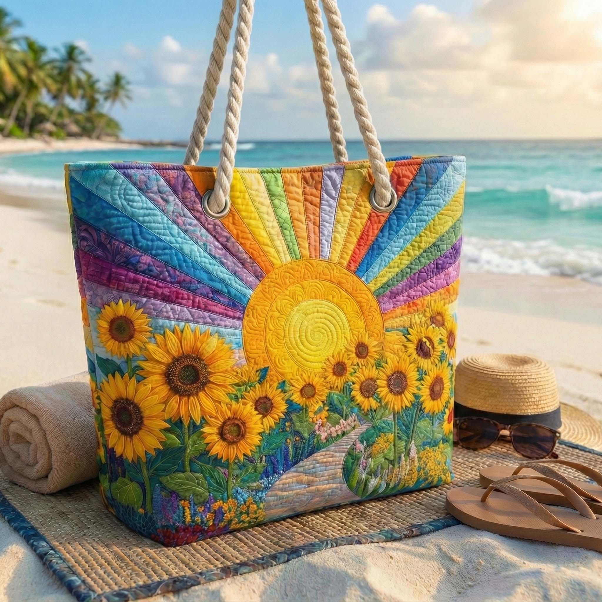 Handgefertigte Strandtasche – Regenbogensonne