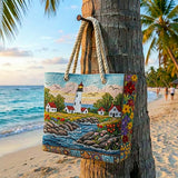 Handgefertigte Strandtasche – Leuchtturm im Licht