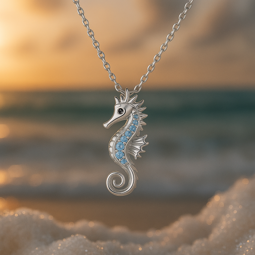 Halskette mit Seepferdchen und Opal in Weißgold