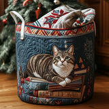 Gesteppter Wäschekorb – Katze mit Weihnachtsbuch