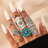 Retro-Ring-Set in Weißgold mit Türkis