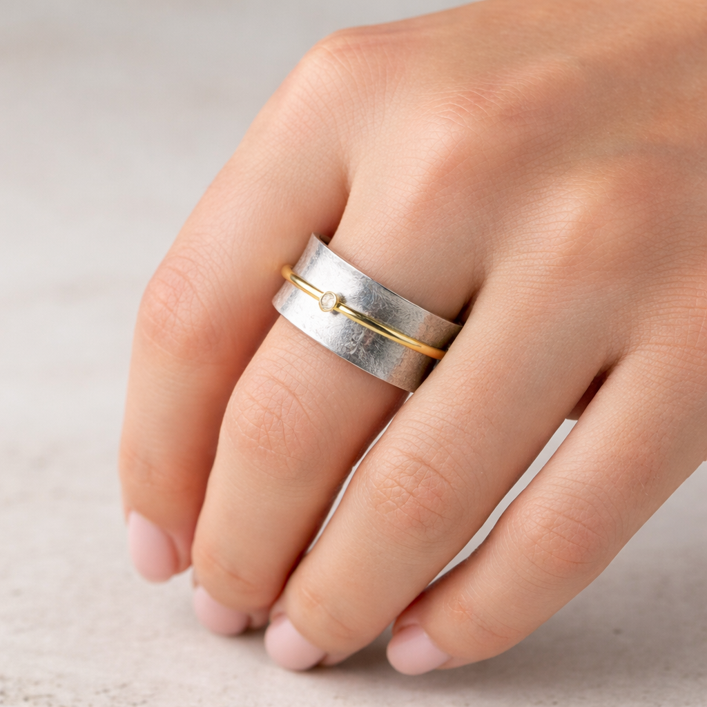 Retro-Ring in Weißgold mit Zirkonia und Goldfaden – Ansicht 2