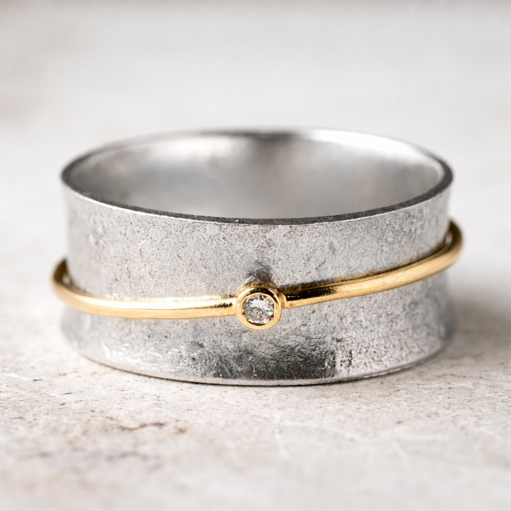 Retro-Ring in Weißgold mit Zirkonia und Goldfaden