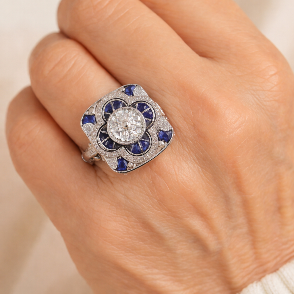 Retro-Ring in Weißgold mit blauen Zirkonia – Ansicht 2