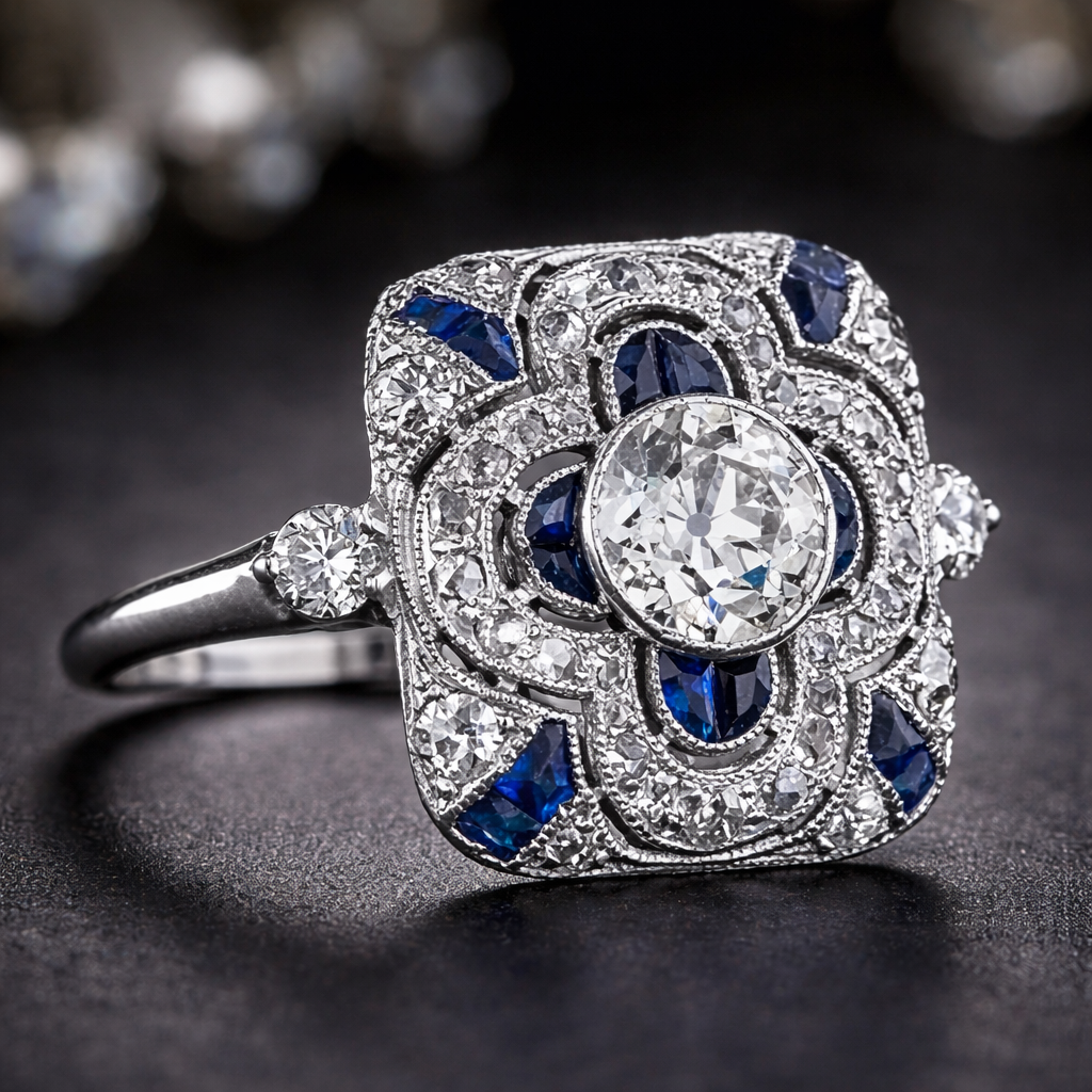 Retro-Ring in Weißgold mit blauen Zirkonia