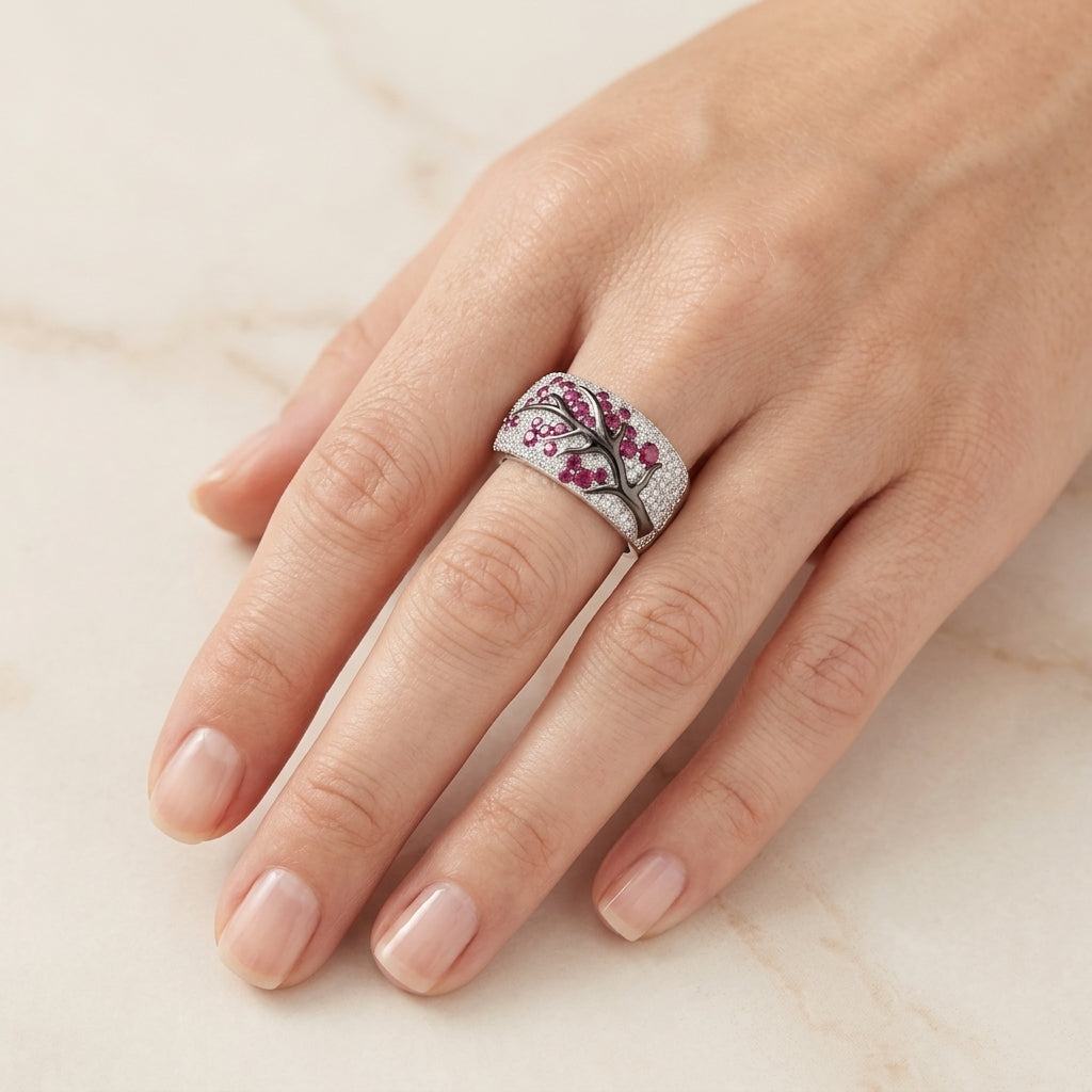 Ring mit Rubin und Blumen in Weißgold