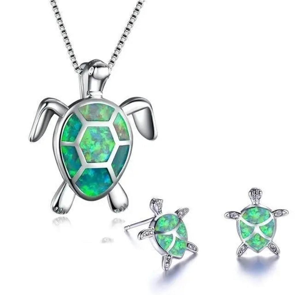 Set: Halskette und Ohrringe mit Meeresschildkröte in Opal und Weißgold – Ansicht 4