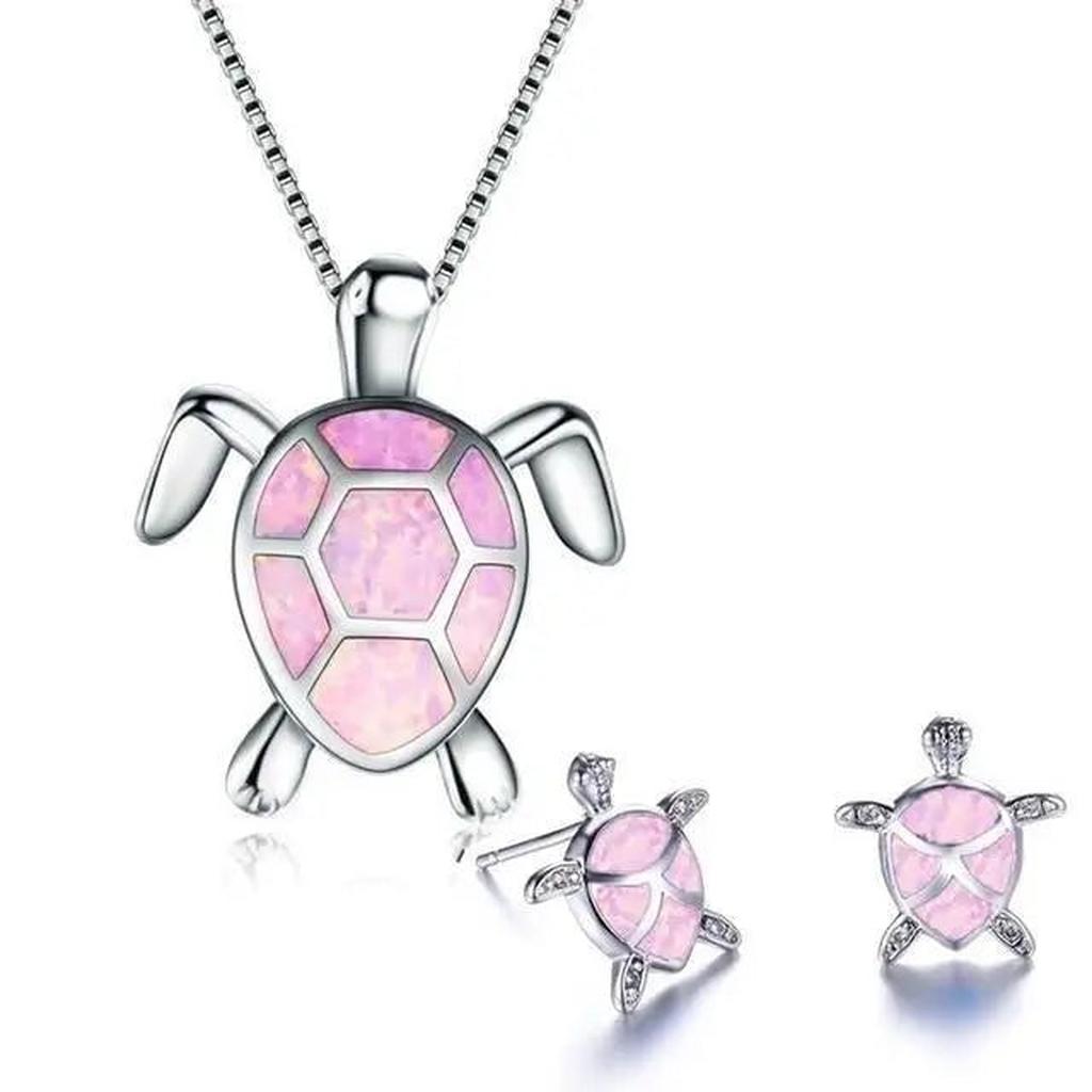 Set: Halskette und Ohrringe mit Meeresschildkröte in Opal und Weißgold – Ansicht 5