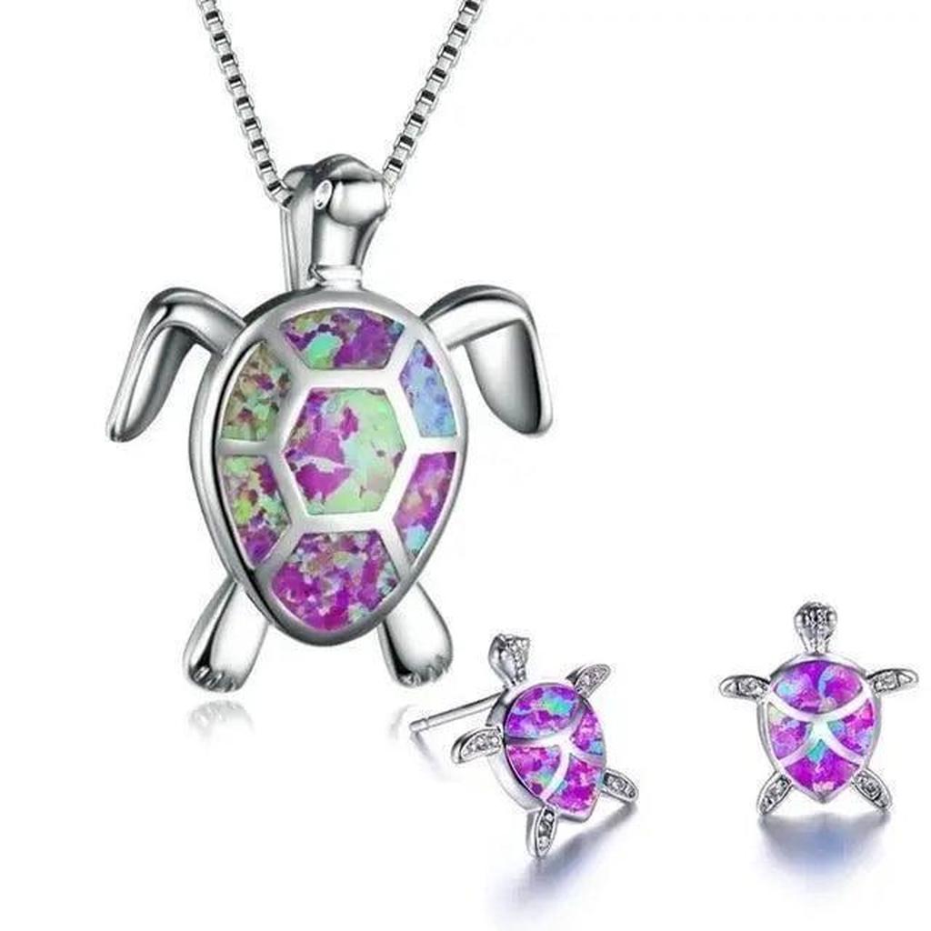 Set: Halskette und Ohrringe mit Meeresschildkröte in Opal und Weißgold – Ansicht 6