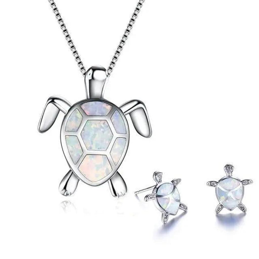 Set: Halskette und Ohrringe mit Meeresschildkröte in Opal und Weißgold – Ansicht 7