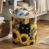 Gesteppter Wäschekorb – Schwarze Katze mit Sonnenblumen