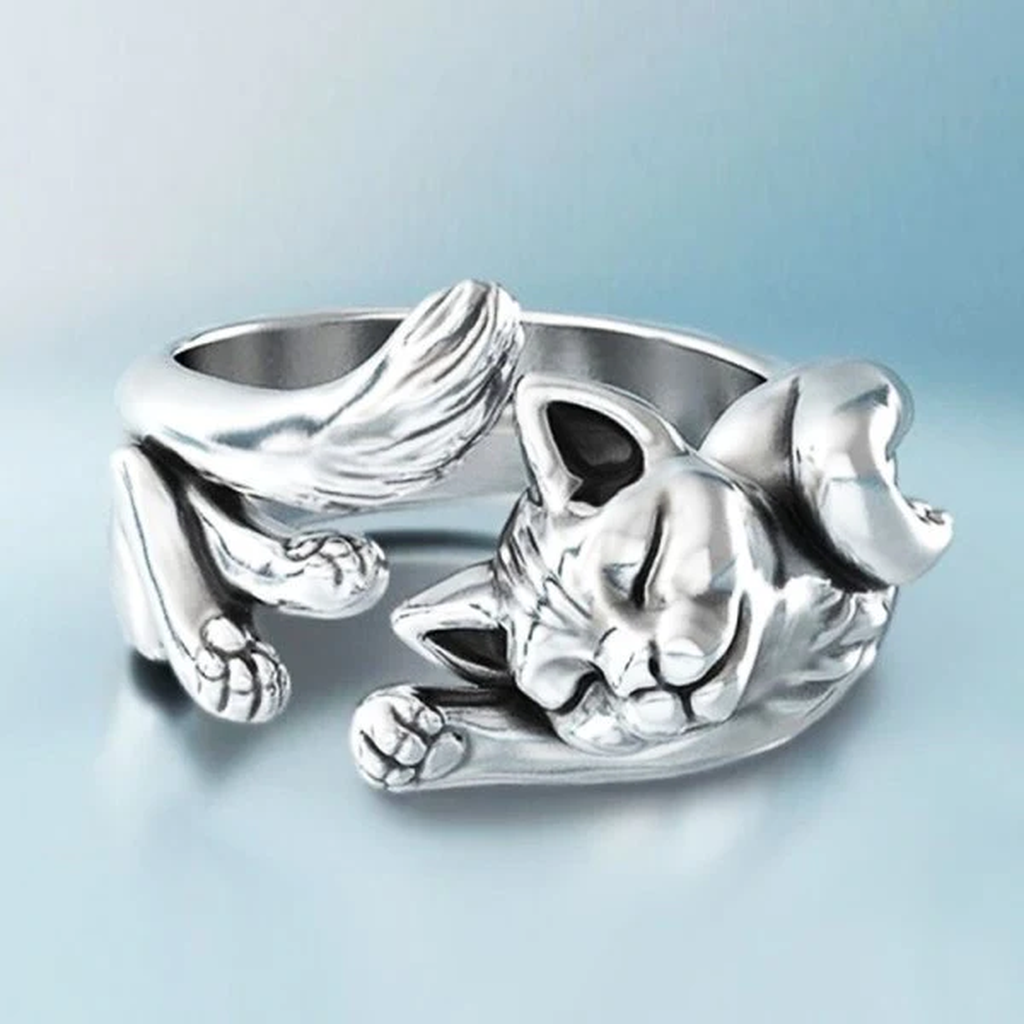 Verstellbarer Retro-Ring mit Kätzchen in Weißgold