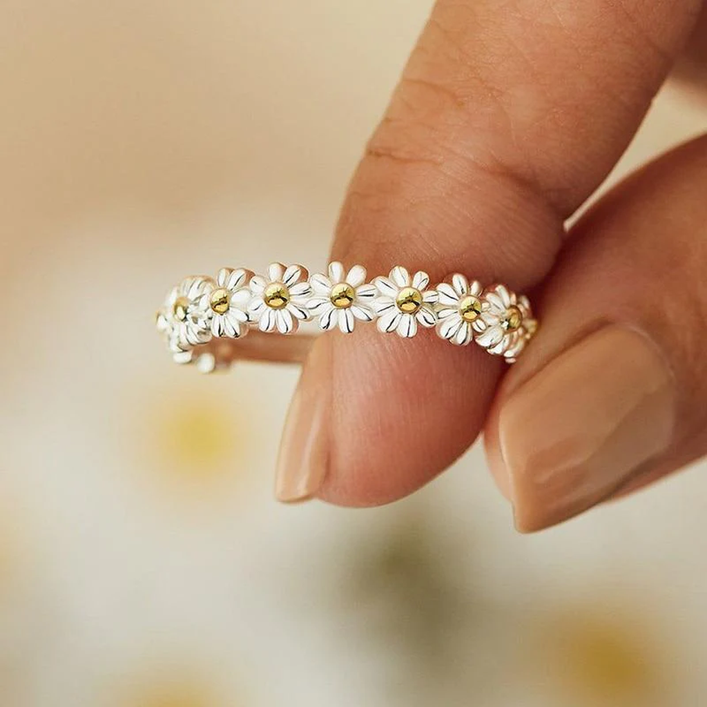 Verstellbarer Ring in Weißgold mit Emaille-Margeriten – Ansicht 3