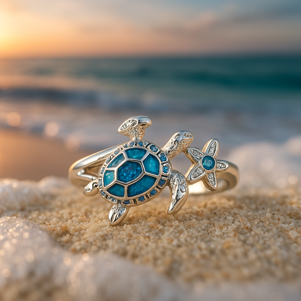 Weißgoldring mit Schildkröte und blauem Opal