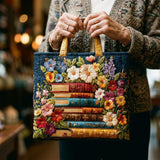 Handgefertigte Stepptasche – Blüten und Bücher