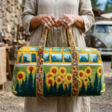 Gesteppte Reisetasche – Hippiebus mit Sonnenblumen
