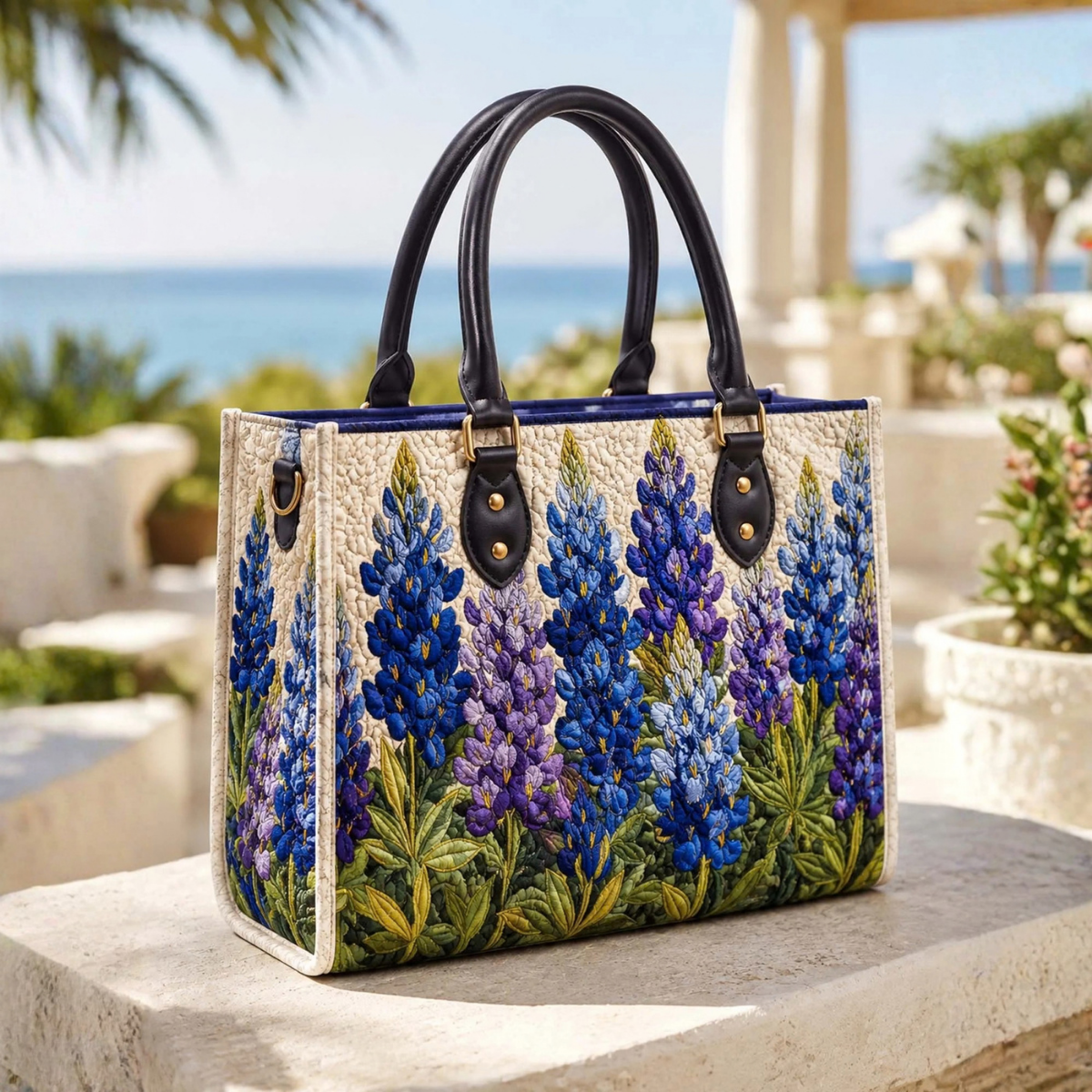 Stepptasche Blaue Lupine – gesteppte Henkeltasche für Damen
