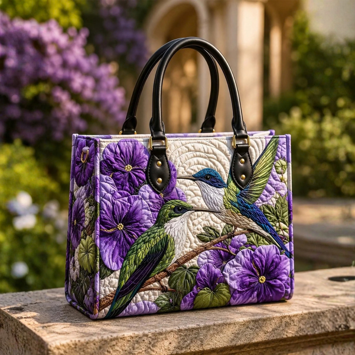 Stepptasche Blumen & Kolibris – gesteppte Henkeltasche für Damen