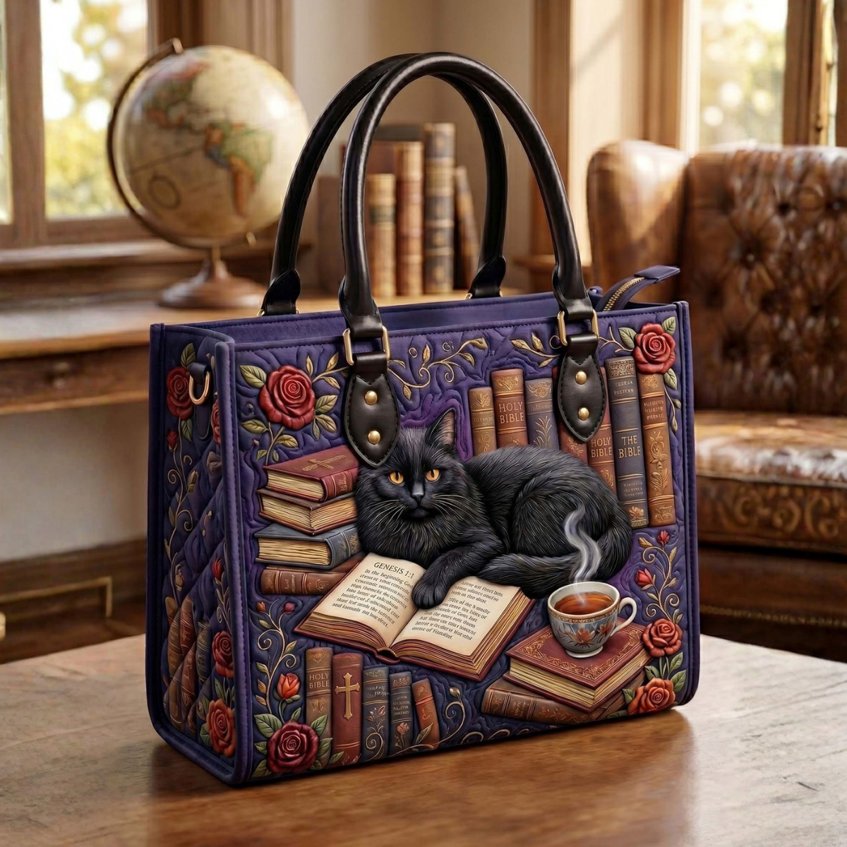 Stepptasche Buch & schwarze Katze Lila – gesteppte Henkeltasche für Damen