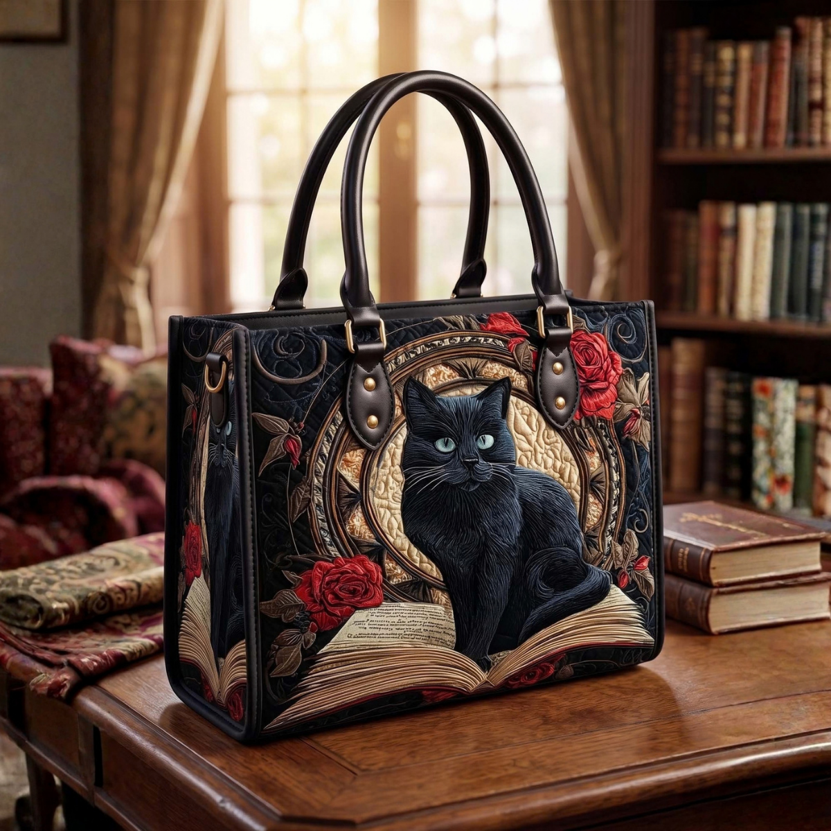 Stepptasche Buch & schwarze Katze Schwarz – gesteppte Henkeltasche für Damen