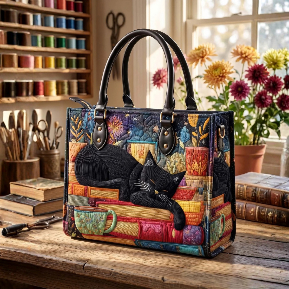 Stepptasche Bücher & schwarze Katze – gesteppte Henkeltasche für Damen