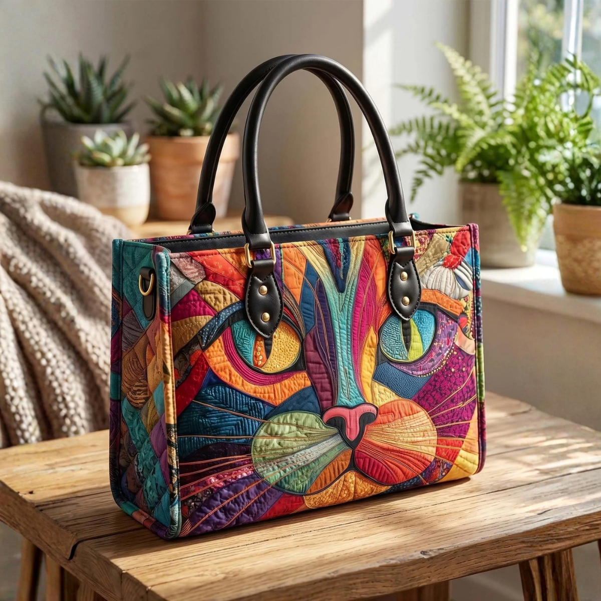 Stepptasche Bunte Katze – gesteppte Henkeltasche für Damen