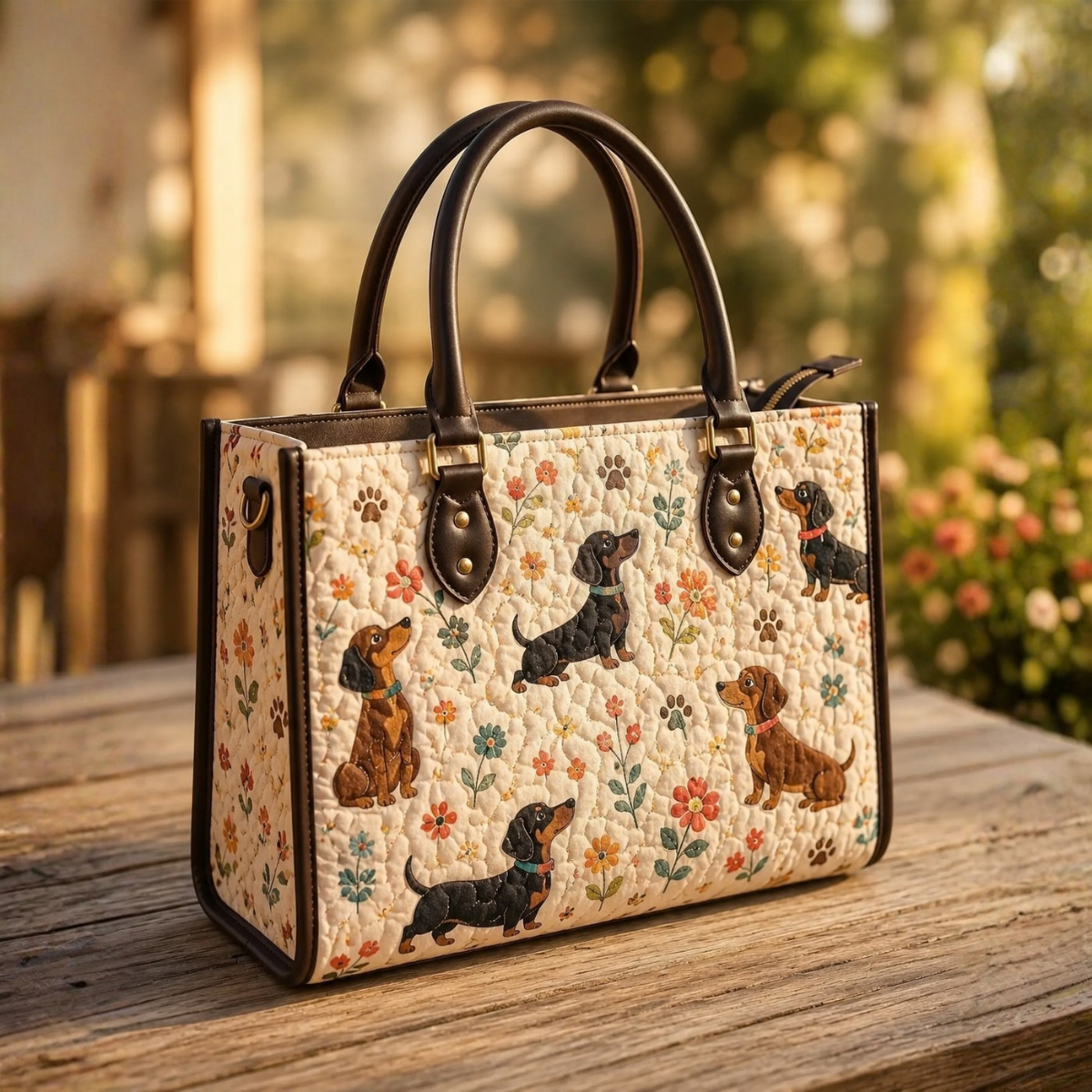 Stepptasche Bunte Katze im Blumengarten – gesteppte Henkeltasche für Damen