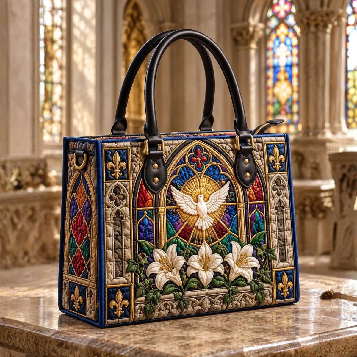 Stepptasche Buntglas Heilige Taube & Lilie – gesteppte Henkeltasche für Damen