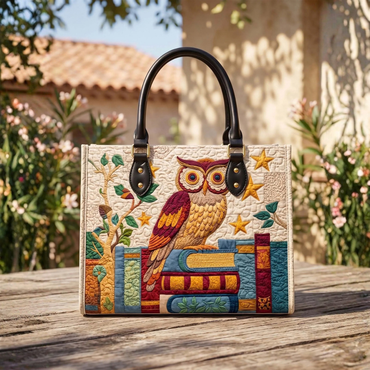 Stepptasche Eule & Bücher – gesteppte Henkeltasche für Damen
