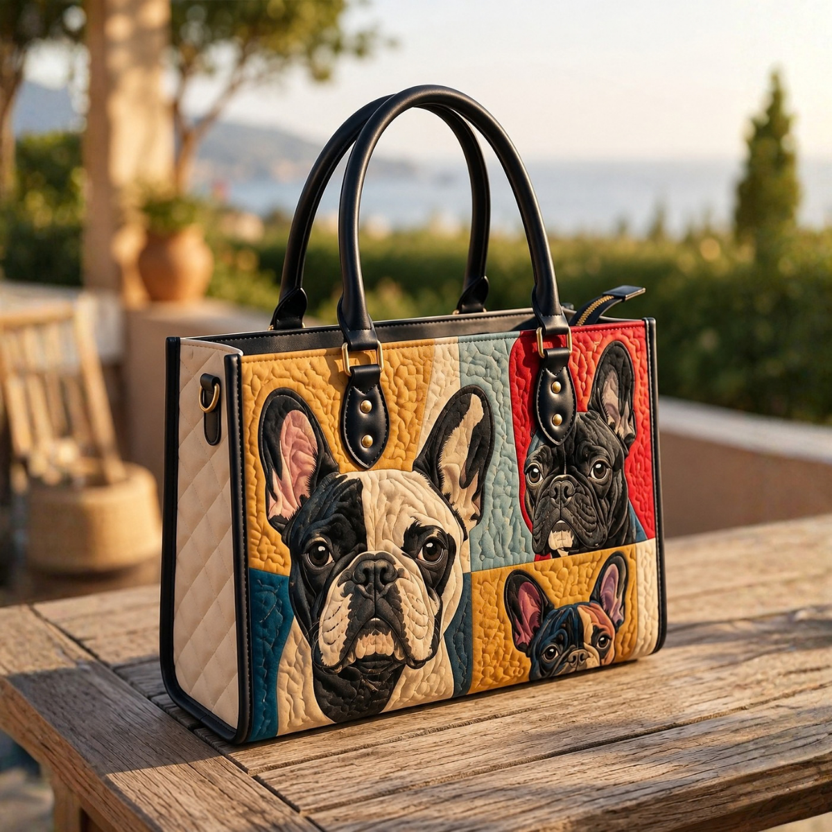 Stepptasche Französische Bulldogge Patchwork – gesteppte Henkeltasche für Damen