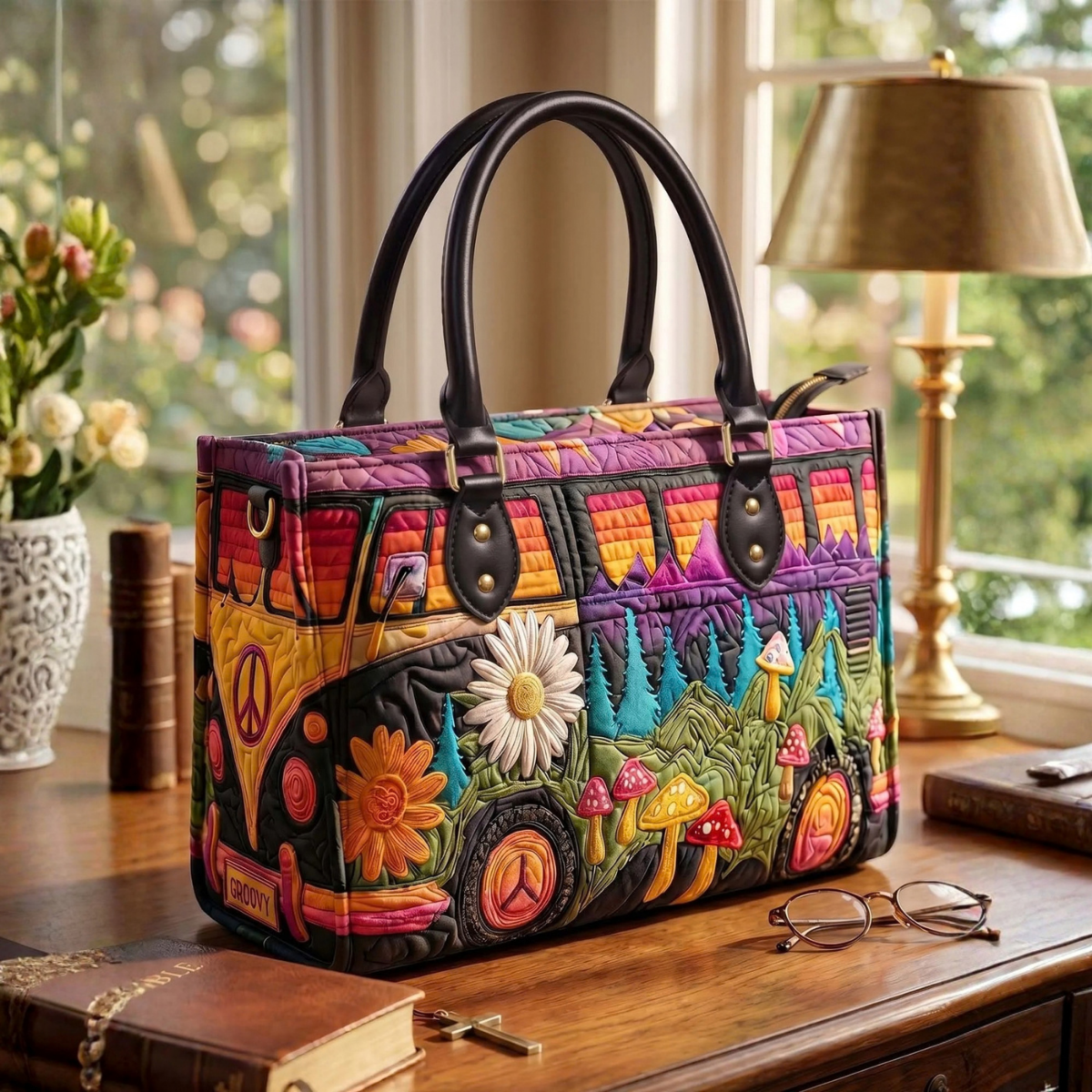 Stepptasche Hippie Bus – gesteppte Henkeltasche für Damen