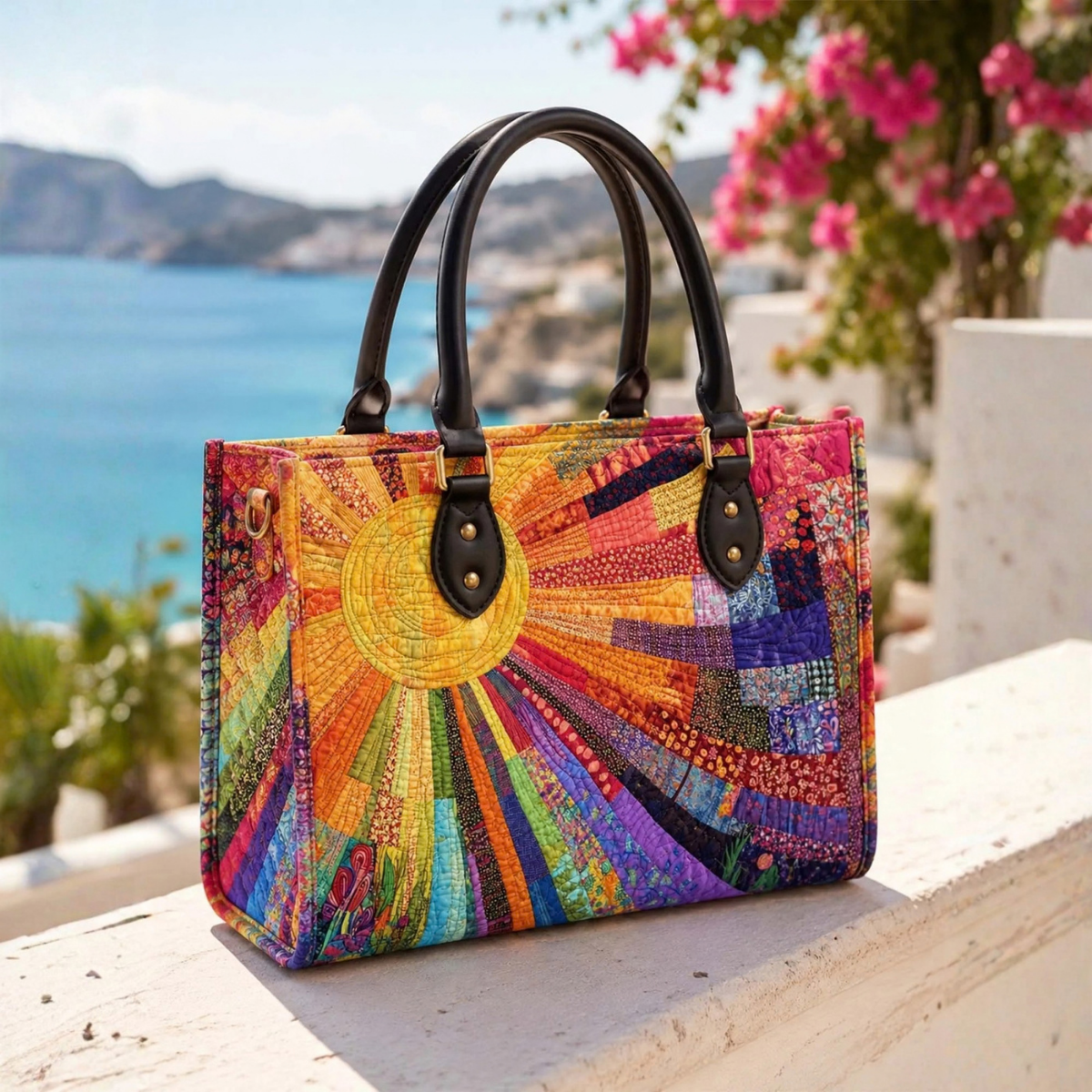 Stepptasche Hippie Sonne – gesteppte Henkeltasche für Damen