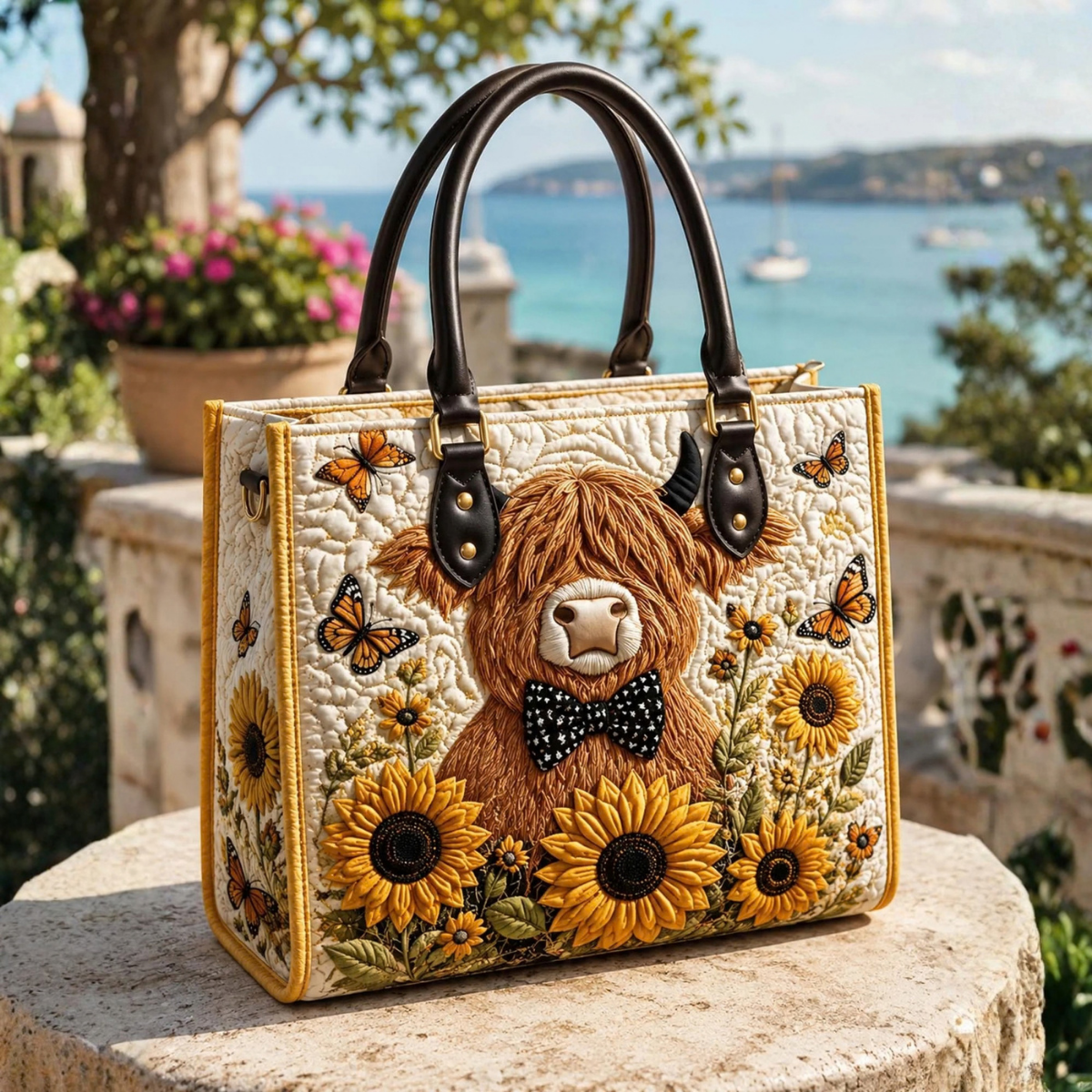 Stepptasche Hochlandrind mit Schmetterlingsschleife – gesteppte Henkeltasche für Damen
