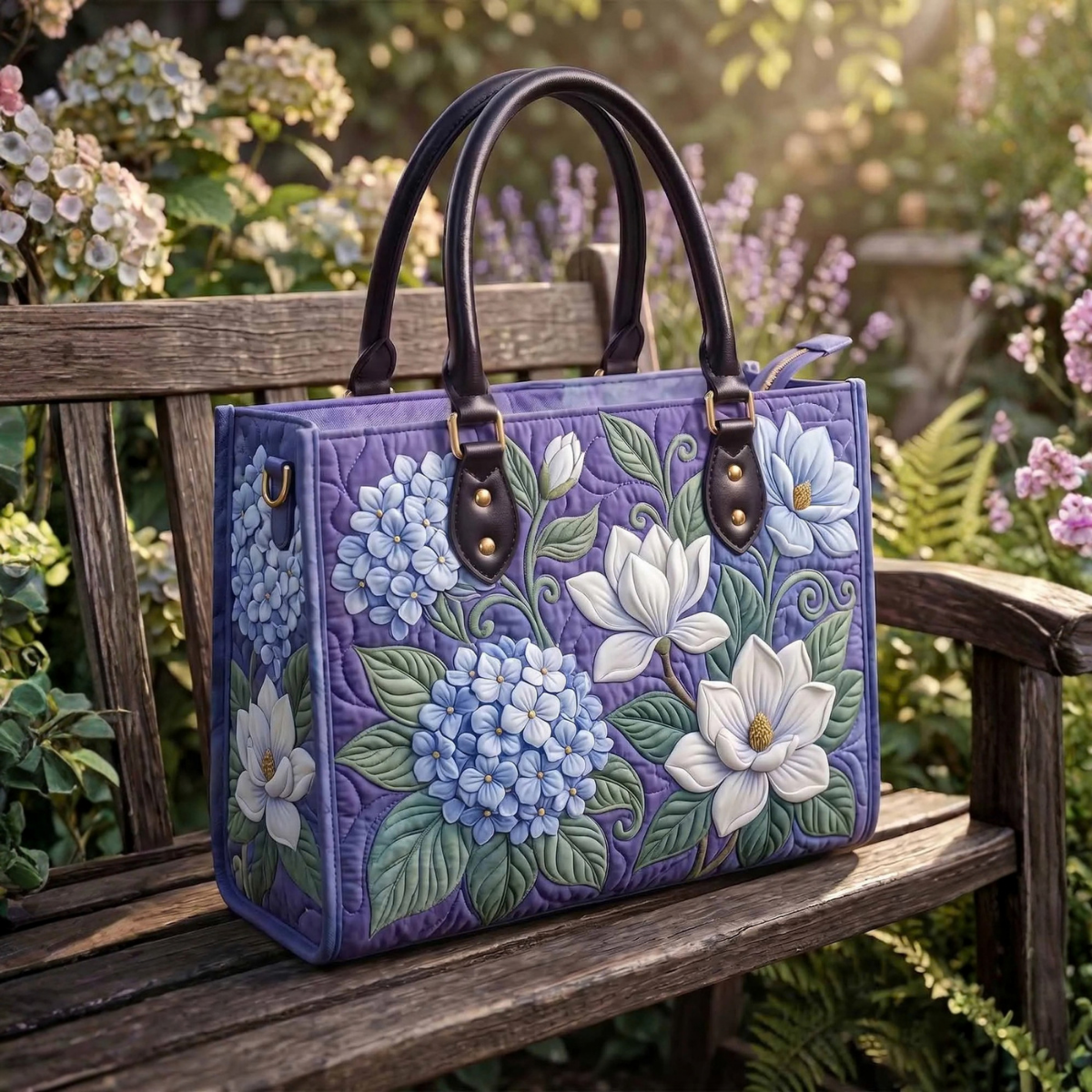 Stepptasche Hortensie & Magnolie – gesteppte Henkeltasche für Damen