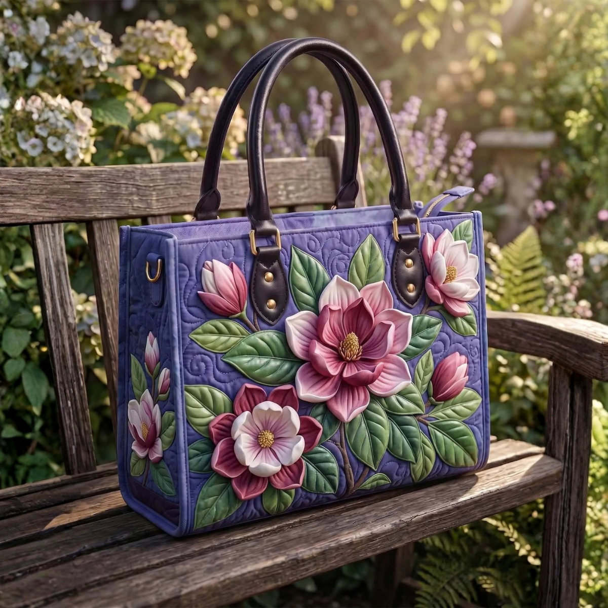 Stepptasche Lila Magnolien – gesteppte Henkeltasche für Damen