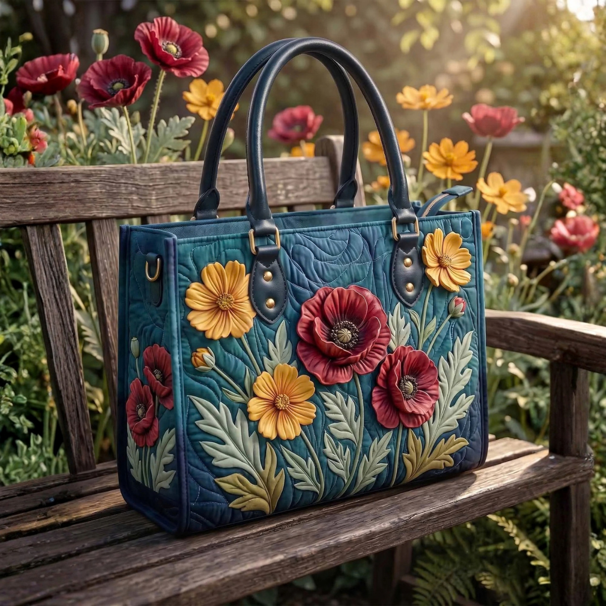 Stepptasche Mohn & Schmuckkörbchen – gesteppte Henkeltasche für Damen
