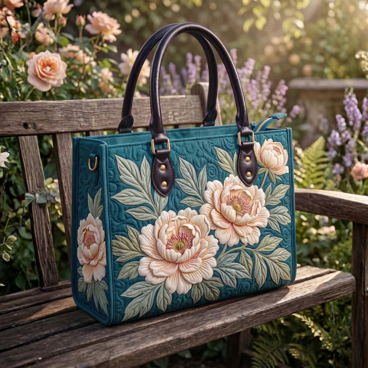 Stepptasche Petrol Pfingstrosen – gesteppte Henkeltasche für Damen