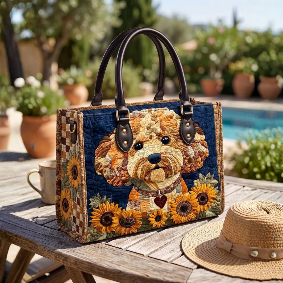 Stepptasche Pudel & Sonnenblume – gesteppte Henkeltasche für Damen