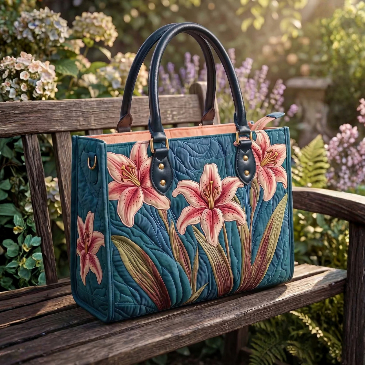 Stepptasche Rosa Lilien – gesteppte Henkeltasche für Damen