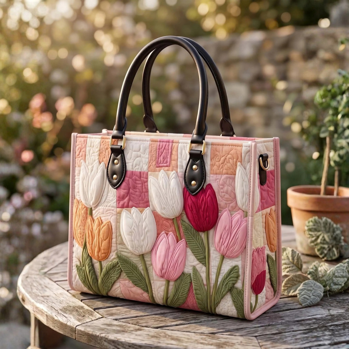 Stepptasche Rosa Tulpen – gesteppte Henkeltasche für Damen