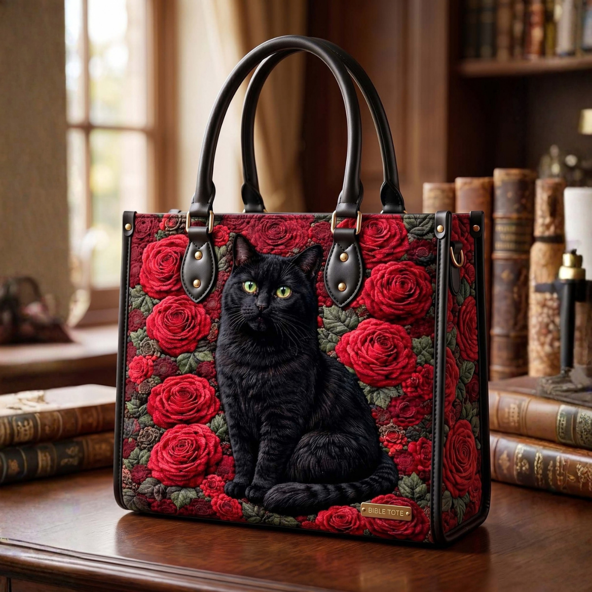 Stepptasche Rose & schwarze Katze – gesteppte Henkeltasche für Damen