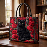 Stepptasche Rose & schwarze Katze – gesteppte Henkeltasche für Damen
